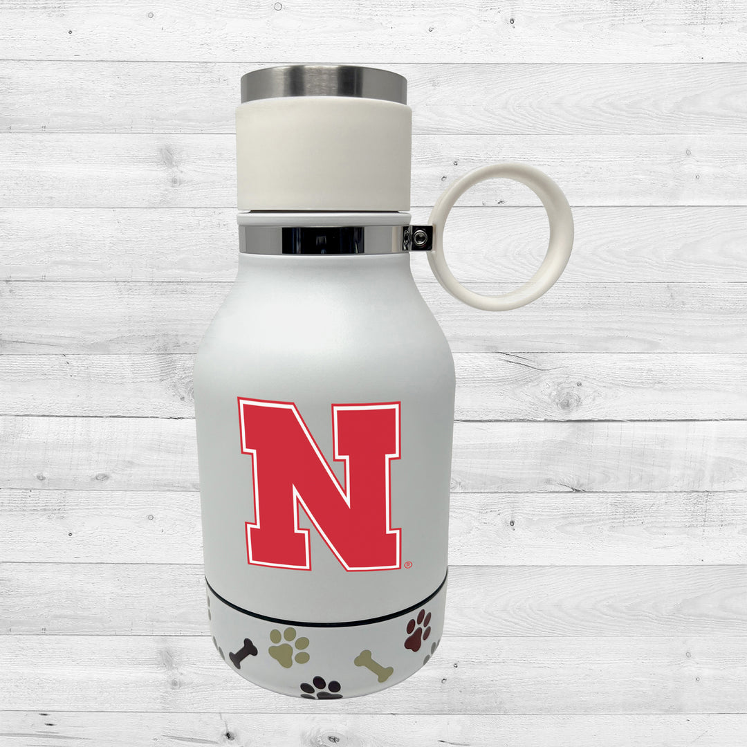 Nebraska Cornhuskers | NCAA Officially Licensed | 37 Oz Insulated Travel Water Bottle with Detachable Dog Bowl Base